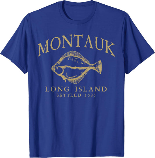 Montauk Long Island Settled 1686 Fluke Flounder Fishing Tan T-Shirt - T-Shirt | Royal