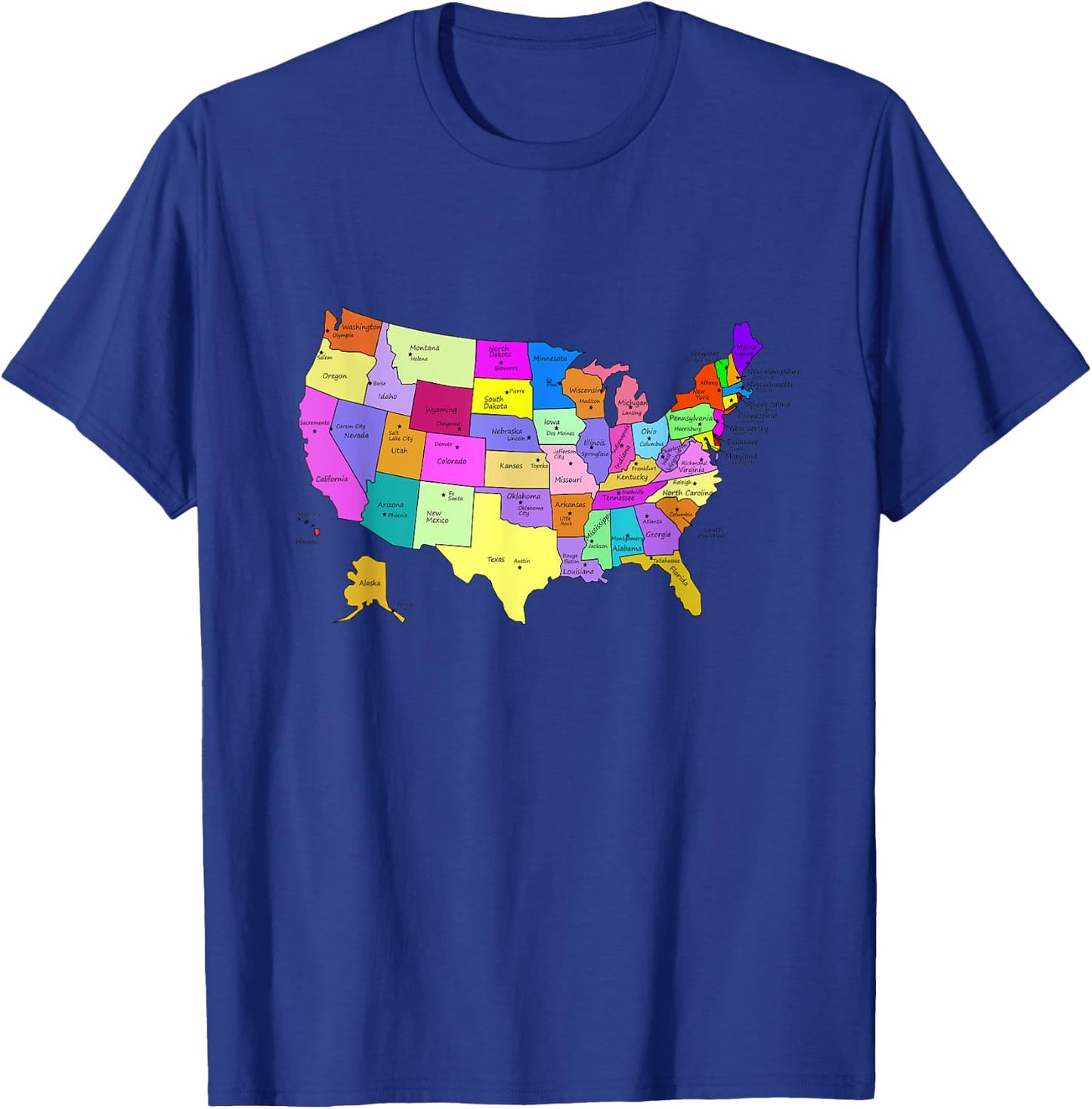 States & Capitals Colorful USA Map School Geography T-Shirt - T-Shirt | Royal