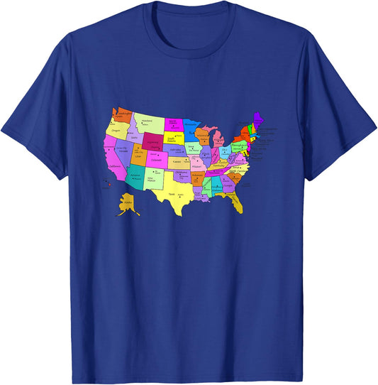 States & Capitals Colorful USA Map School Geography T-Shirt - T-Shirt | Royal