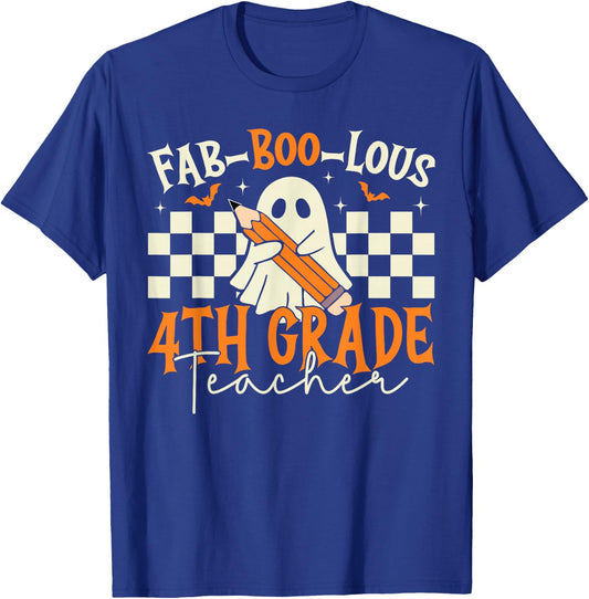 Fab Boo Lous 4th Grade Teacher Retro Ghost Spooky Halloween T-Shirt - T-Shirt | Royal