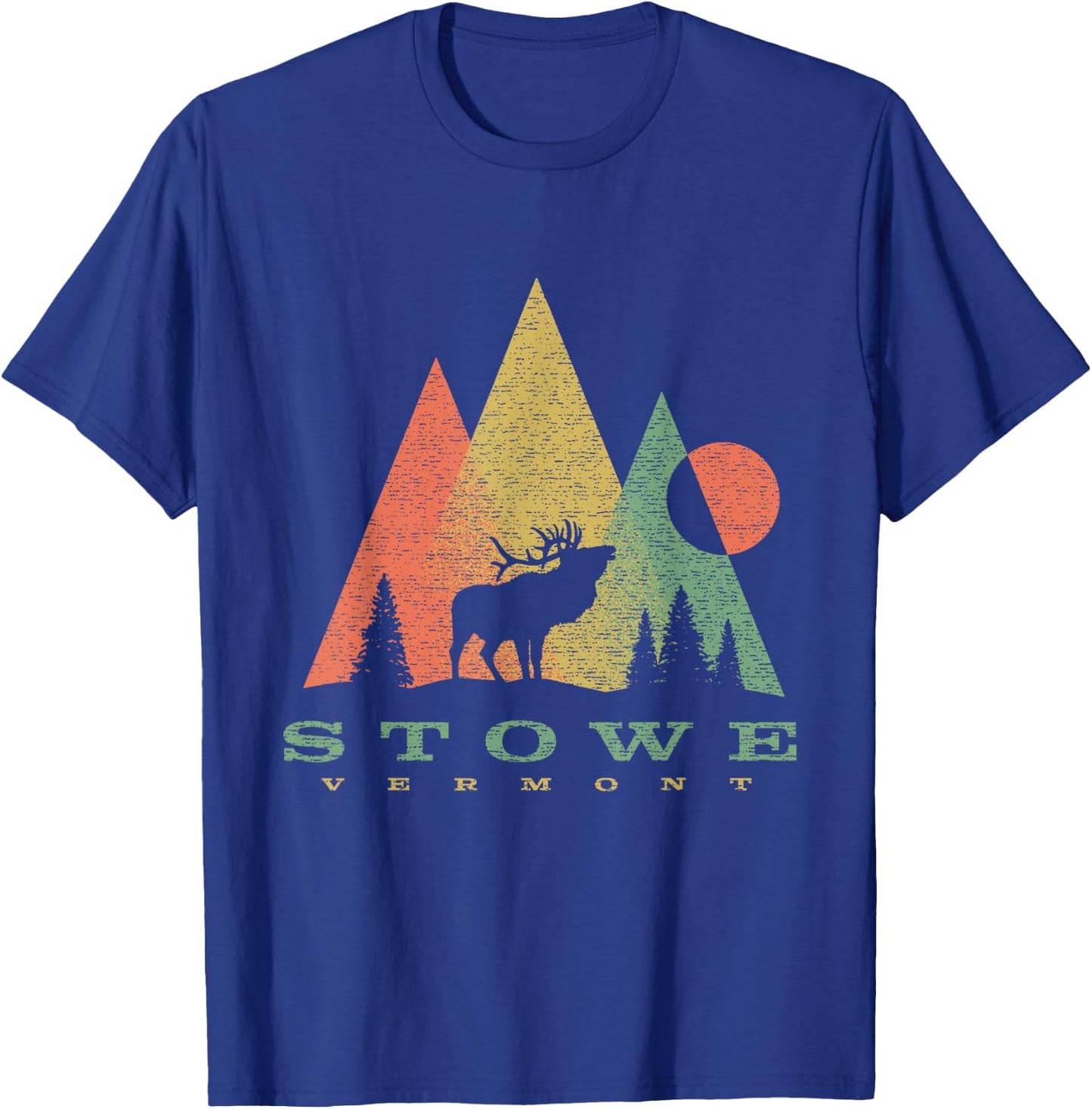 Vintage Geometric Mountains Deer Stowe Vermont Vacation T-Shirt - T-Shirt | Royal