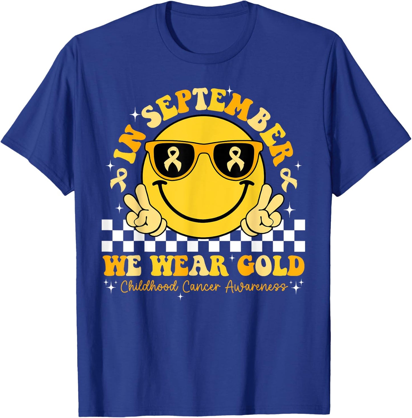 September We Wear Gold Childhood Cancer Awareness Smile Face T-Shirt - T-Shirt | Royal