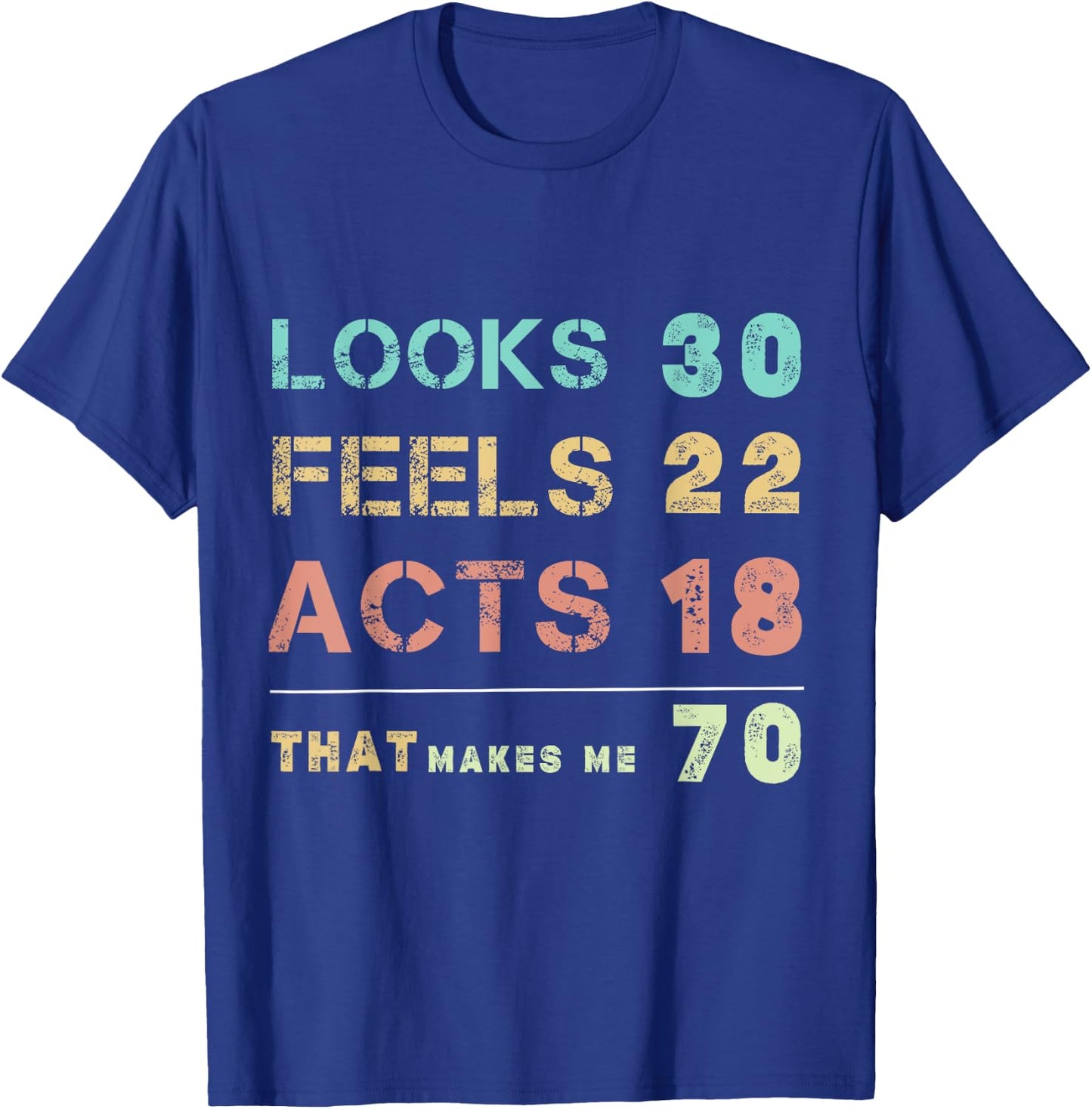 Looks 30 feels 22 acts 18 that makes me 70 happy 70th b day T-Shirt - T-Shirt | Royal