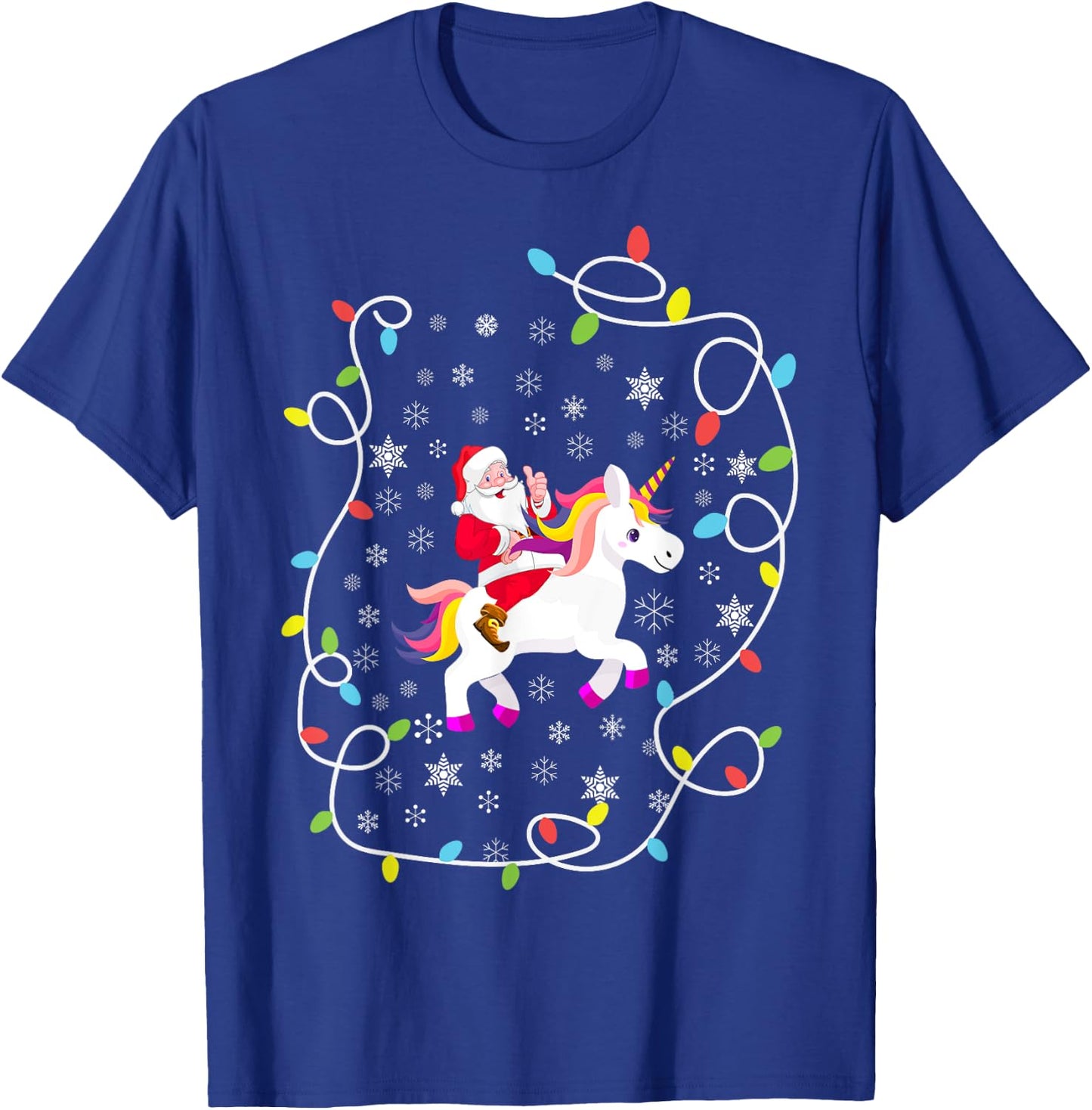 Santa Riding Unicorn Christmas Lights Merry Christmas Tree T-Shirt - T-Shirt | Royal