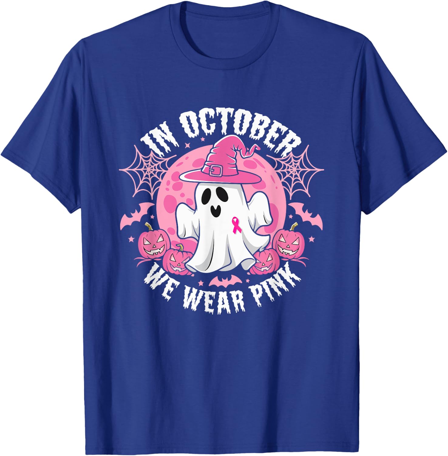 In October We Wear Pink Ribbon Ghost Witch Hat Halloween T-Shirt - T-Shirt | Royal
