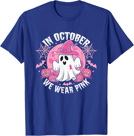 In October We Wear Pink Ribbon Ghost Witch Hat Halloween T-Shirt - T-Shirt | Royal