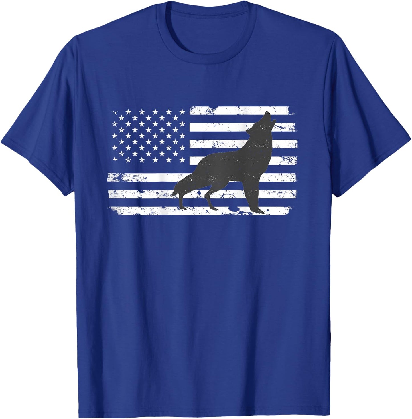 Gray Lone Wolf Distressed American Flag BACK PRINT T-Shirt - T-Shirt | Royal