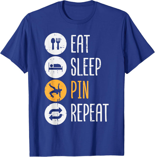 Wrestling Eat Sleep Pin Repeat Funny Wrestler Women Men Kids T-Shirt - T-Shirt | Royal