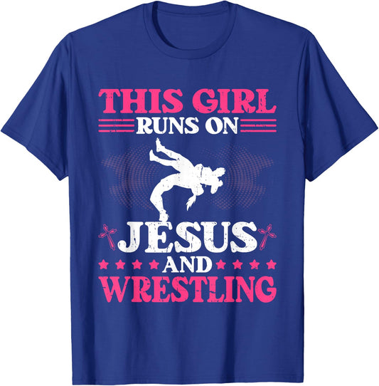 This Girl Runs On Jesus And Wrestling T-Shirt - T-Shirt | Royal
