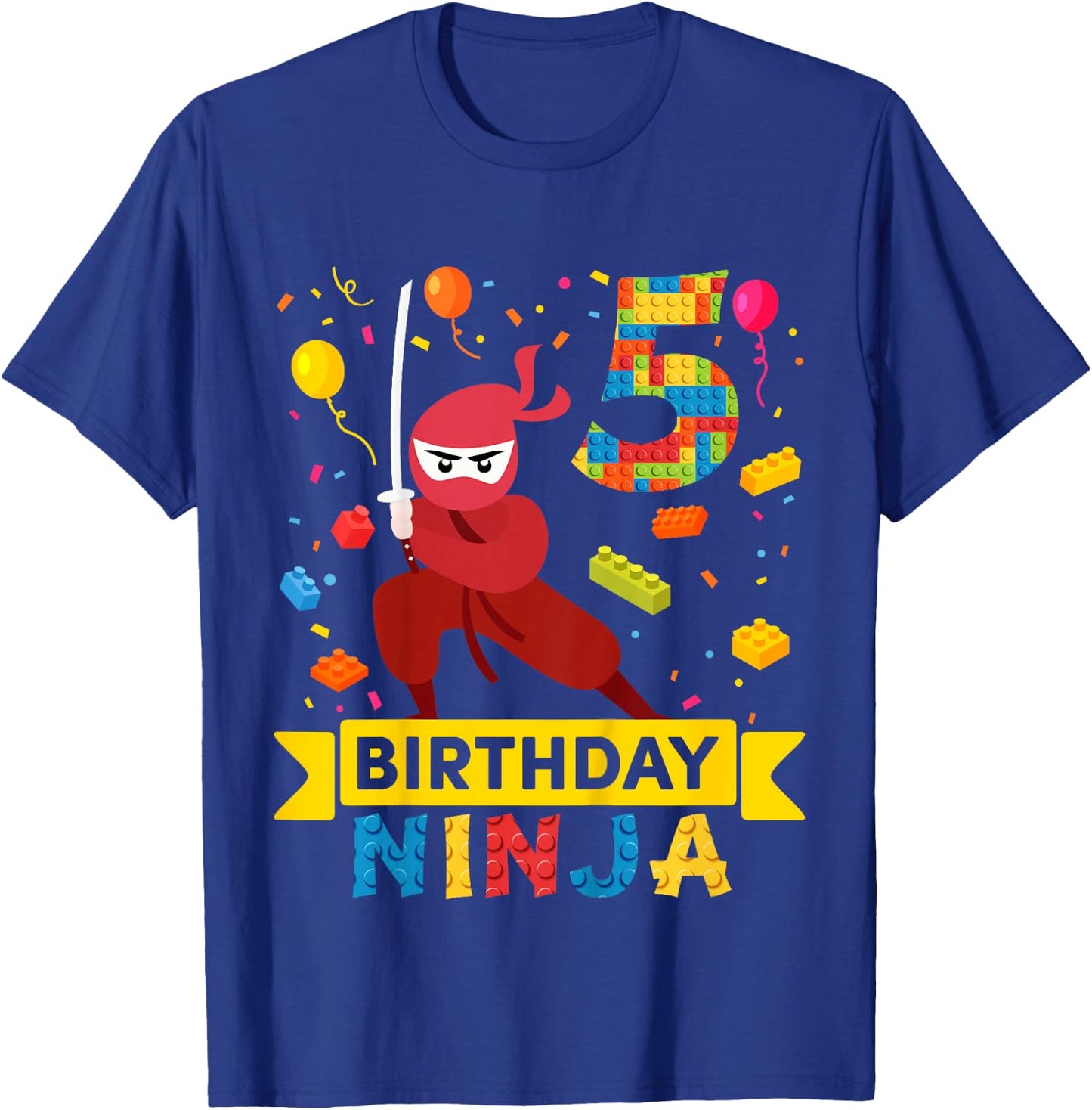 Kids 5 Year Old Building Blocks Ninja 5th Birthday Boy T-Shirt - T-Shirt | Royal