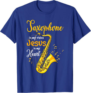 Saxophone Jesus Faith Christian Saxophone In My Veins Jesus T-Shirt - T-Shirt | Royal