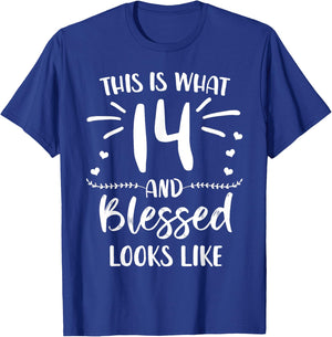 14 and Blessed 14th Birthday Christian Cute Religious T-Shirt - T-Shirt | Royal