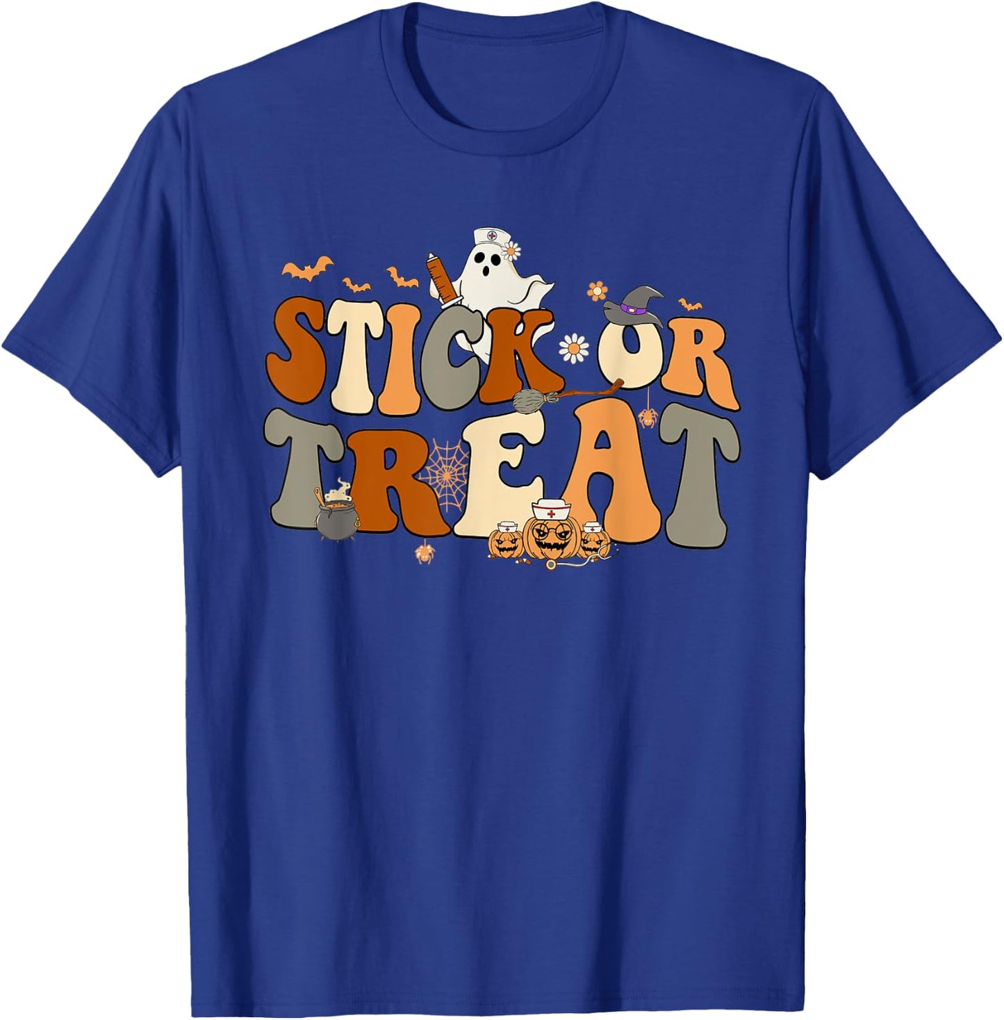 Retro Ghost Stick or Treat Halloween Nurse Spooky Nurse T-Shirt - T-Shirt | Royal