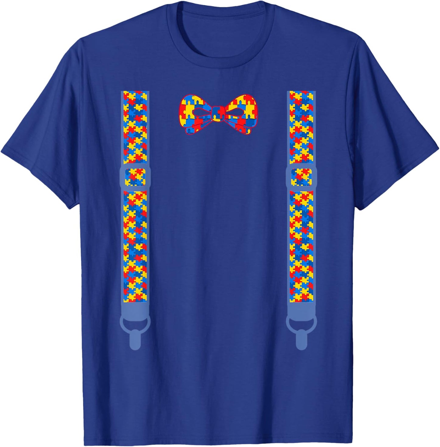Autism awareness bow tie suspenders Puzzle pieces T-Shirt - T-Shirt | Royal