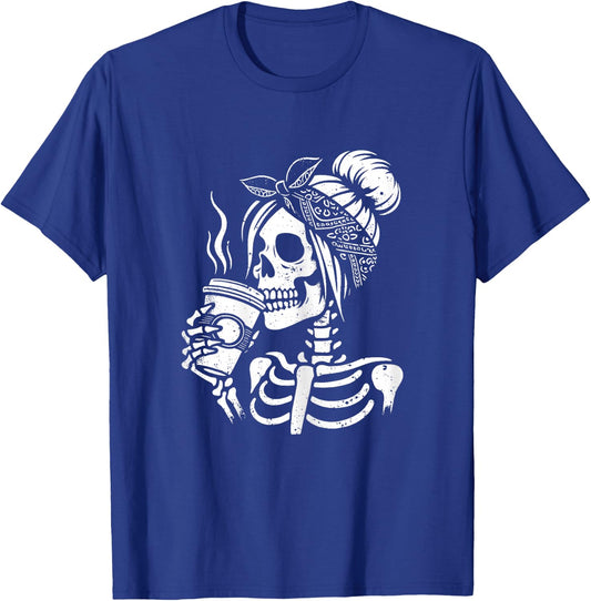 Halloween Skeleton Messy Bun Coffee Funny Costume Mom Women T-Shirt - T-Shirt | Royal