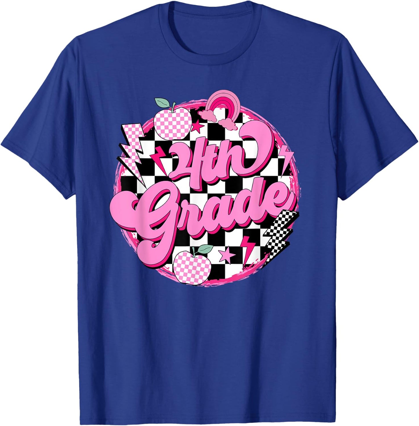 4th Grade Teacher Women Retro Checkered First Day of School T-Shirt - T-Shirt | Royal