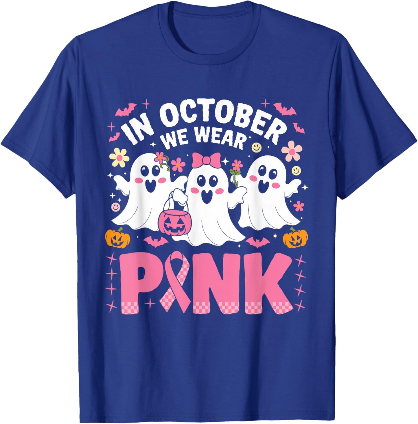 In October We Wear Pink Ghost Witch Breast Cancer Awareness T-Shirt - T-Shirt | Royal