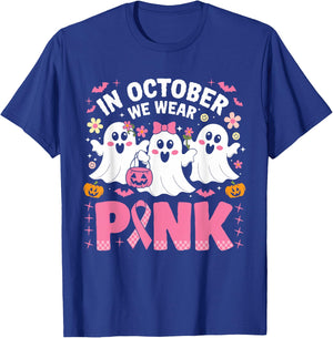 In October We Wear Pink Ghost Witch Breast Cancer Awareness T-Shirt - T-Shirt | Royal