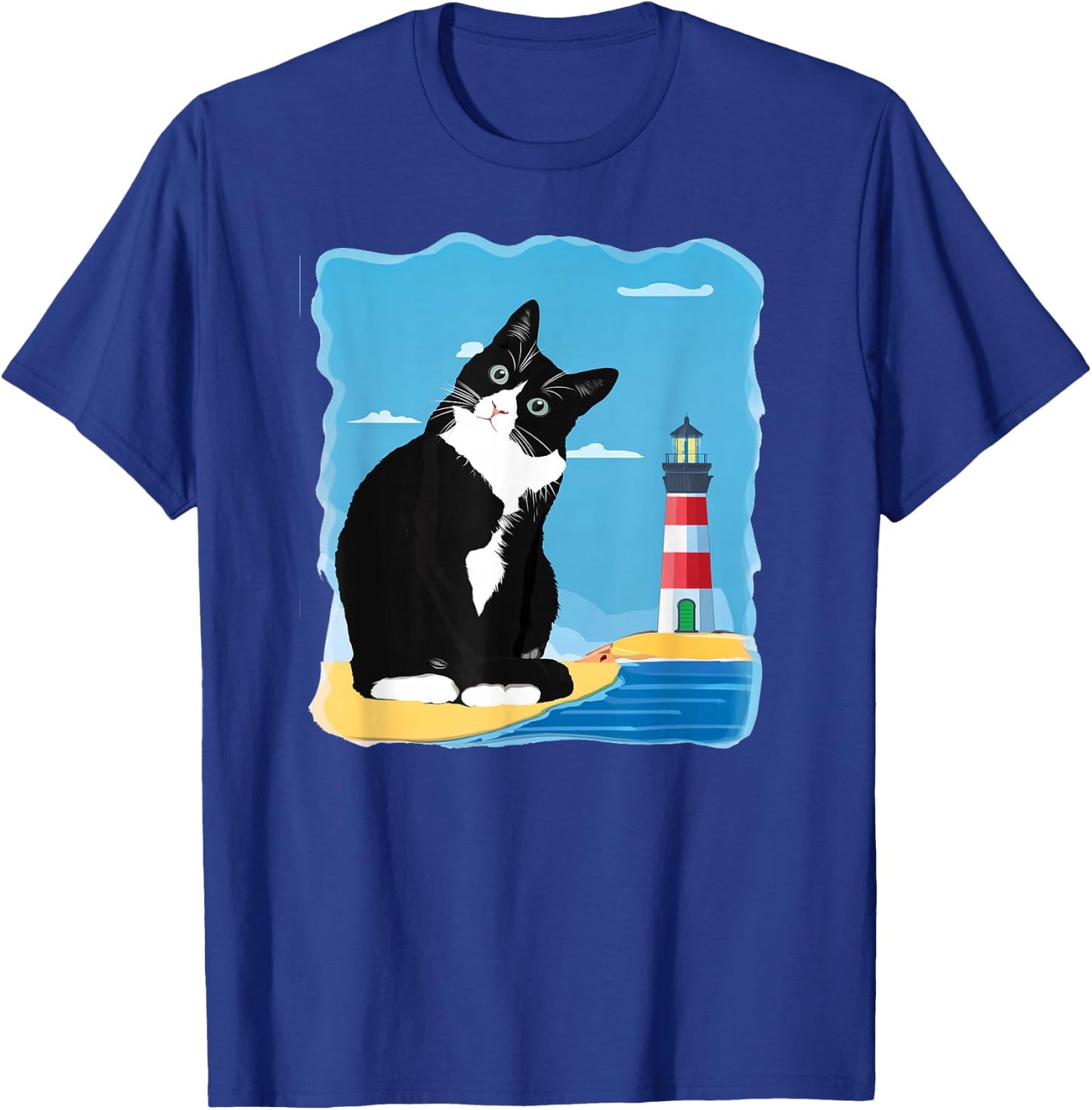 Tuxedo Cat Lighthouse Day Ocean Beach Summer Men Women Girls Kids T-Shirt - T-Shirt | Royal