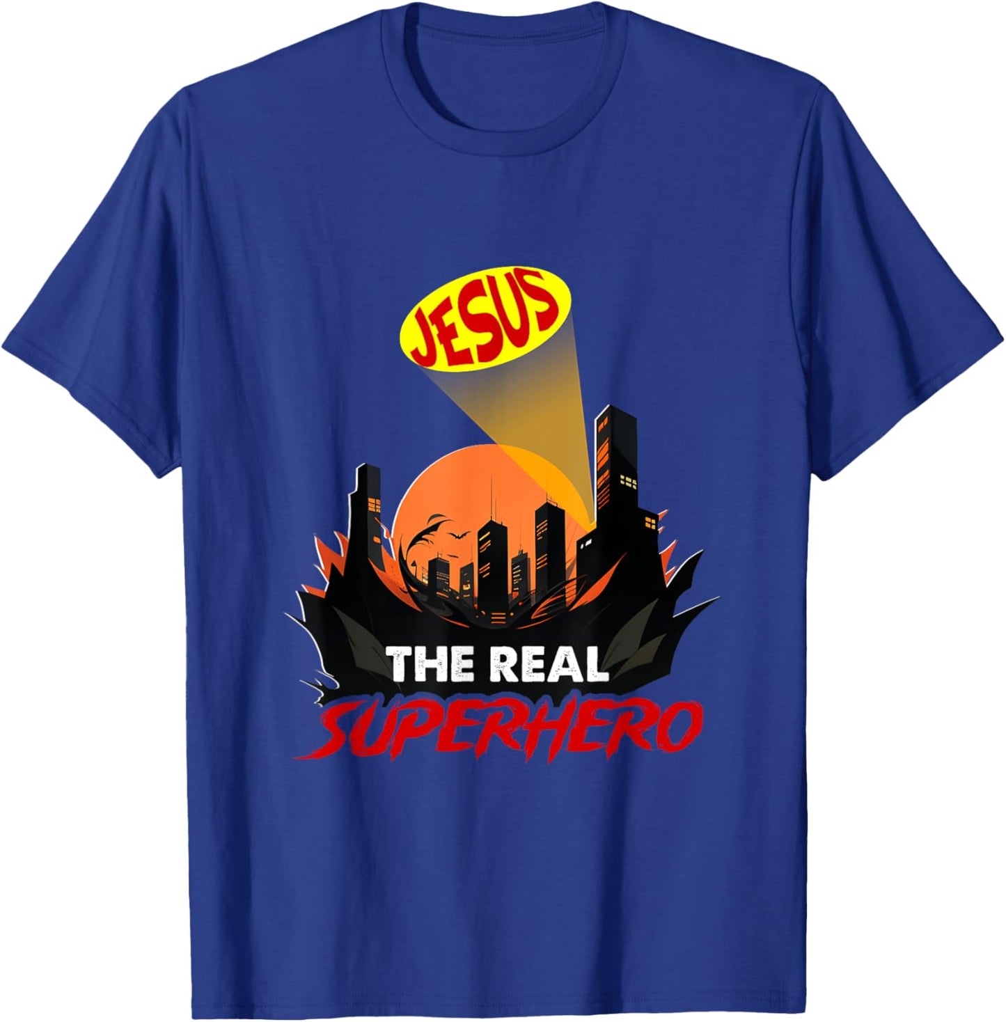 Jesus The Real Superhero Bat Signal Night Of City Christian T-Shirt - T-Shirt | Royal
