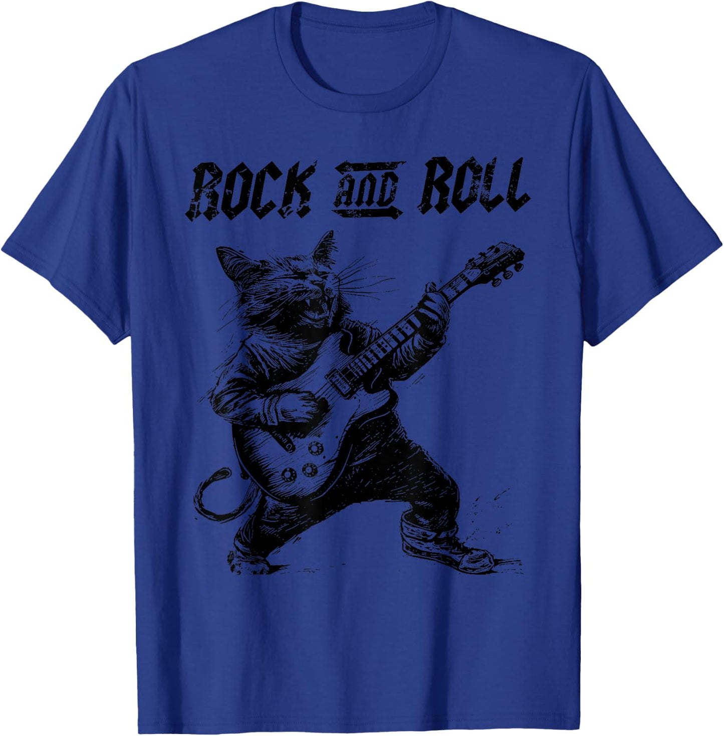 Rock and Roll Guitar Cat Vintage ROCK Guitarist Cat Men Women Girls Kids T-Shirt - T-Shirt | Royal