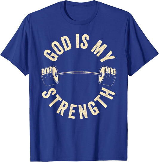 God Is My Strength Vintage Gym Barbell Fitness Christian T-Shirt - T-Shirt | Royal