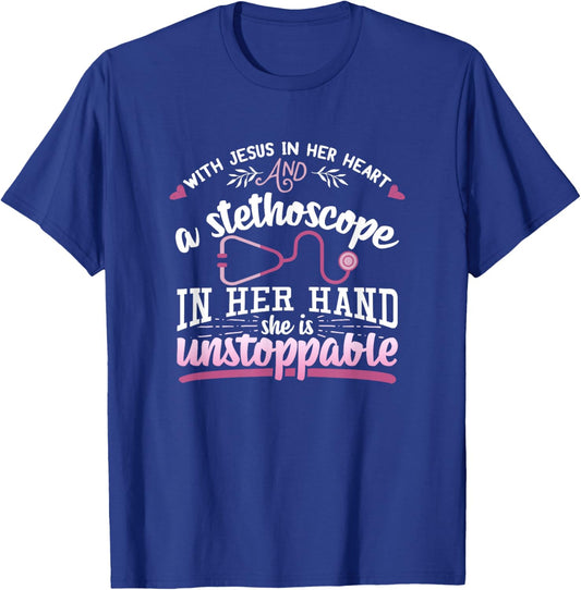With Jesus In Her Heart Shirt Stethoscope Doctor Nurse Gift T-Shirt - T-Shirt | Royal