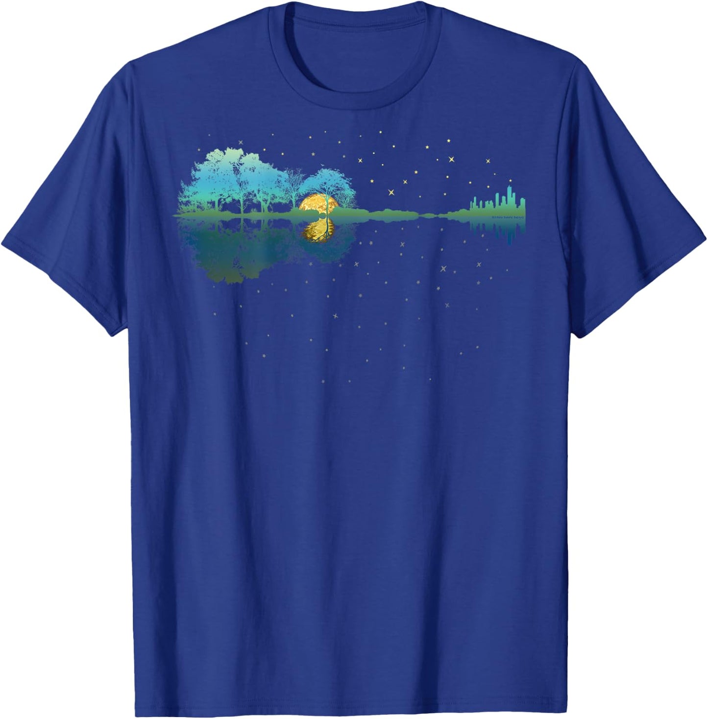 On Back | Guitar Lake Reflections Night Sky and Moon Guitar T-Shirt - T-Shirt | Royal