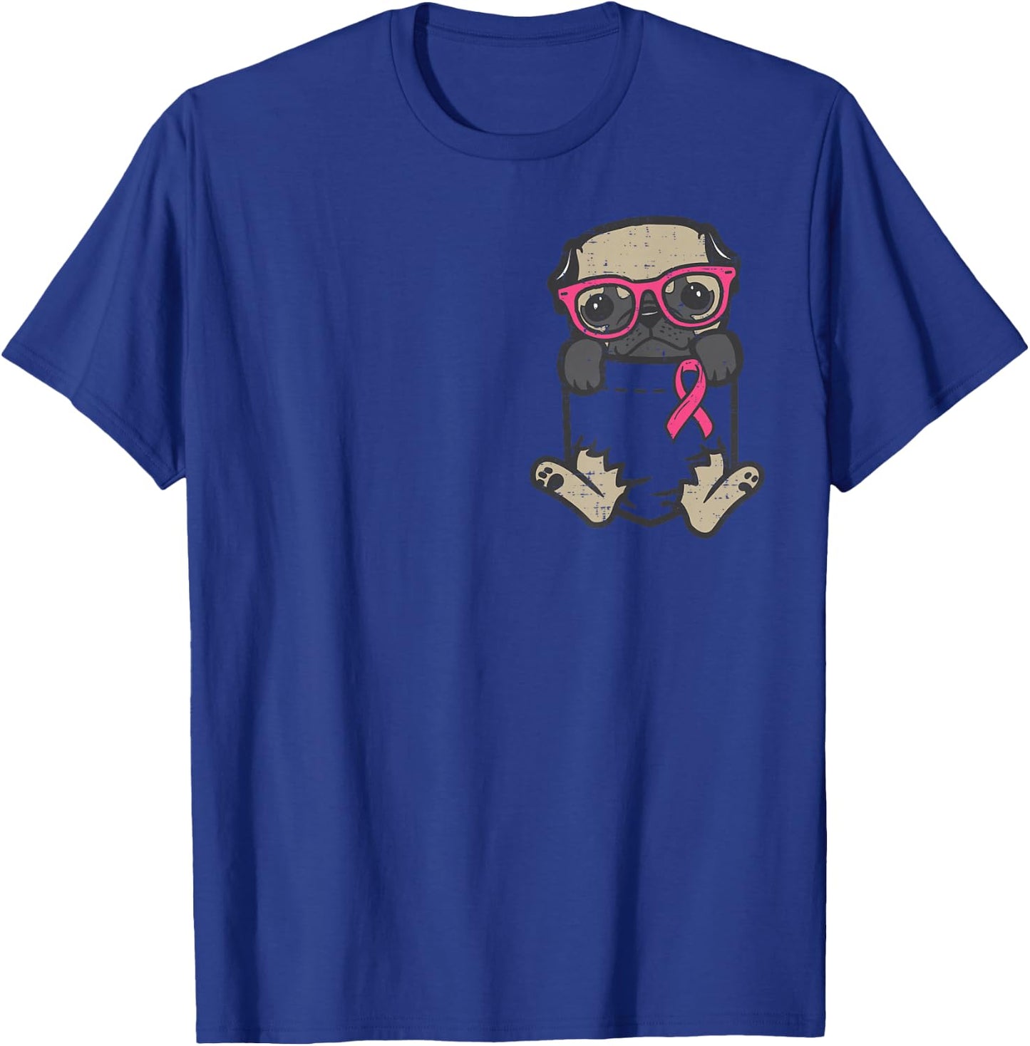Pocket Pug Dog Pink Ribbon Breast Cancer Awareness Dog T-Shirt - T-Shirt | Royal