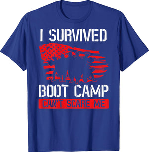 I Survived Boot Camp Can't Scare Me Back Print Veteran T-Shirt - T-Shirt | Royal