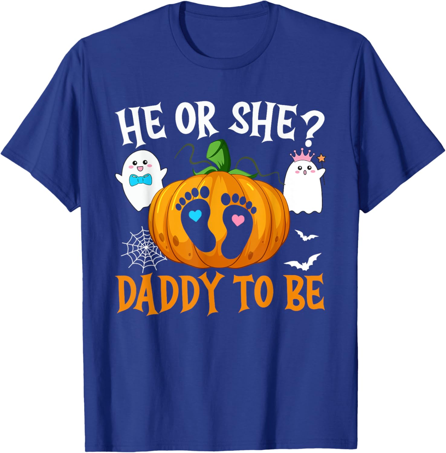 Halloween Gender Reveal He or She Daddy To Be Pumpkin T-Shirt - T-Shirt | Royal