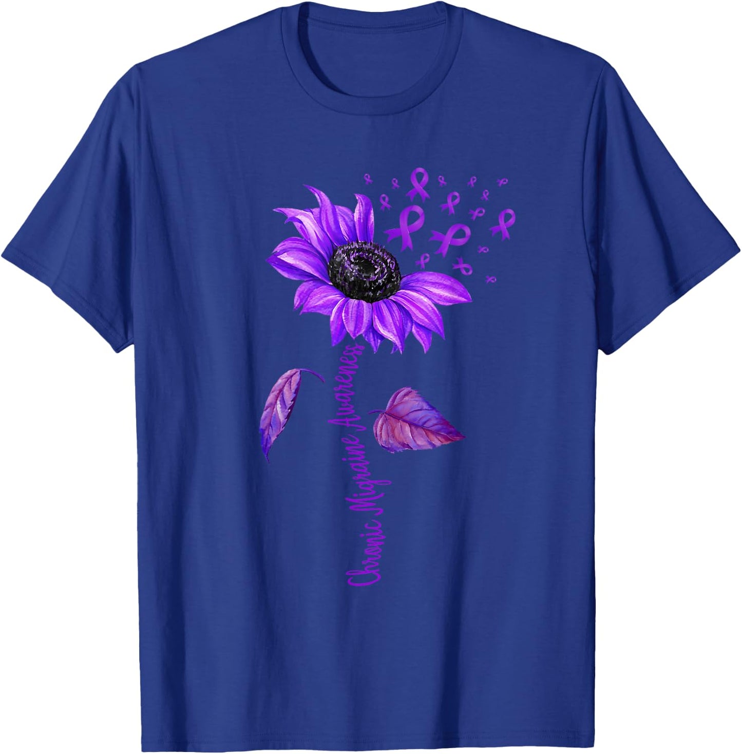 Chronic Migraine Awareness Month Sunflower Purple Ribbon T-Shirt - T-Shirt | Royal