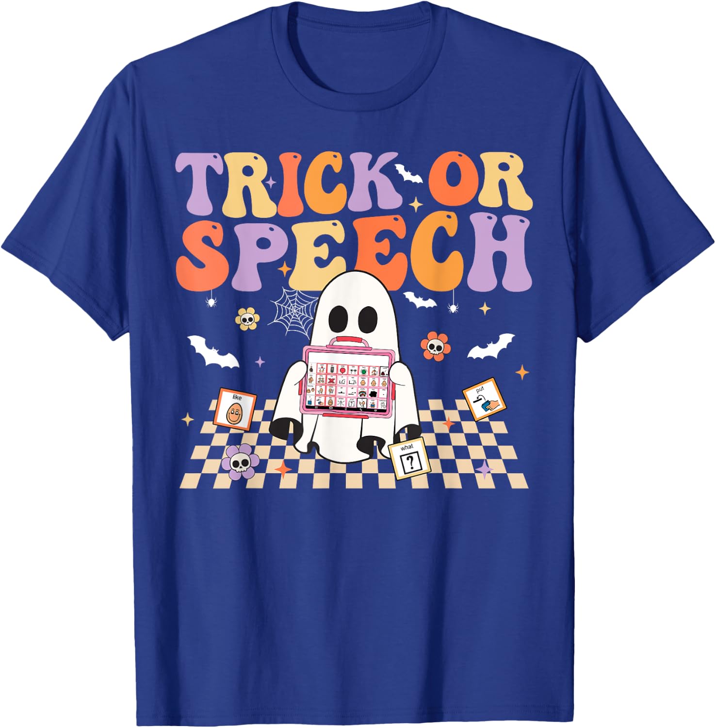 Trick or Speech Retro SLP Halloween Speech Therapy T-Shirt - T-Shirt | Royal