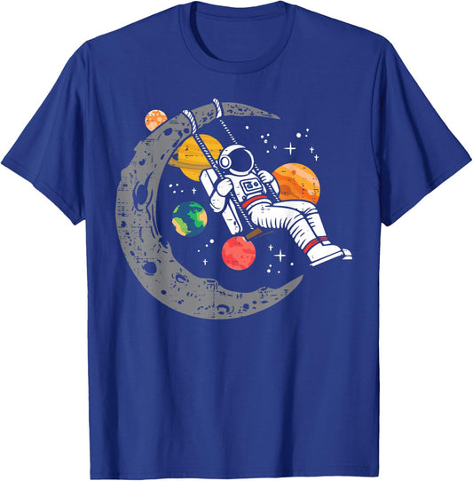Astronaut Moon Swing Planets Space Galaxy Women Kids Men T-Shirt - T-Shirt | Royal