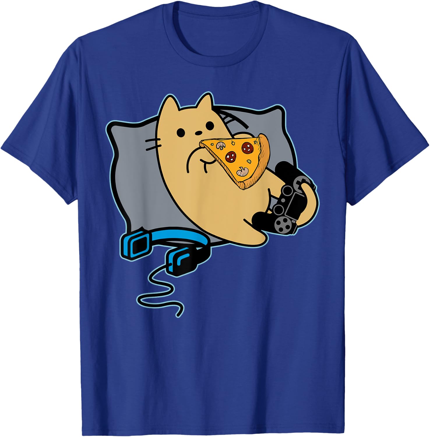 Nerdy Pizza Eating Gamer Cat Game Paused T-Shirt - T-Shirt | Royal