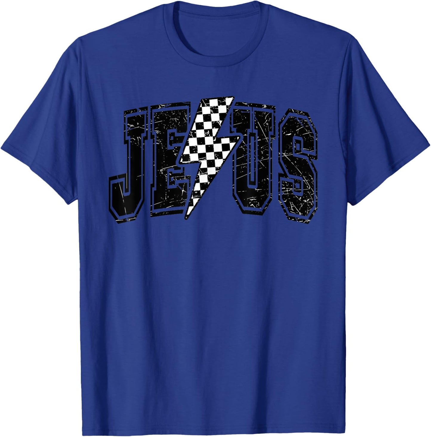 Funny Retro Groovy Checkered Jesus Lightning Bolt Apparel T-Shirt - T-Shirt | Royal