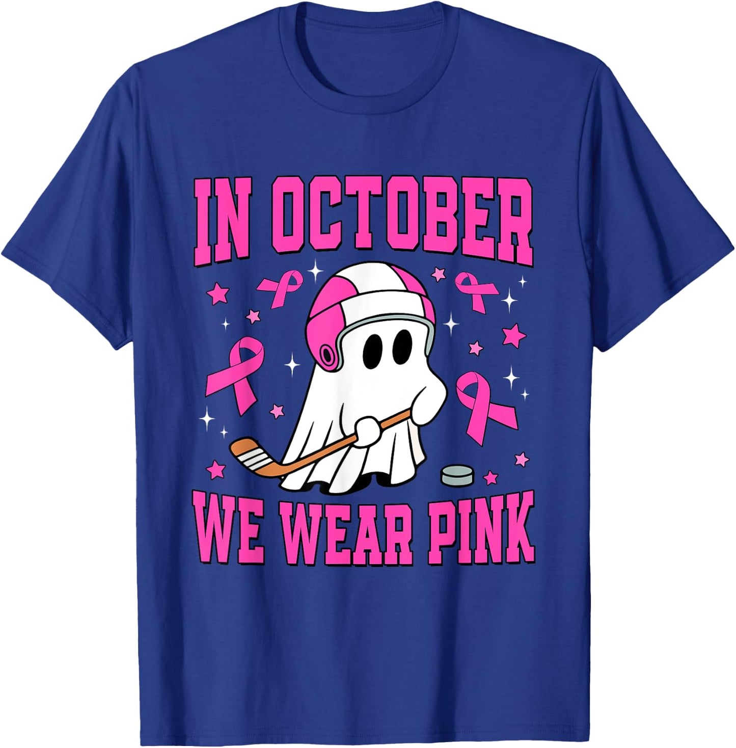 In October We Wear Pink Ghost Hockey Breast Cancer T-Shirt - T-Shirt | Royal