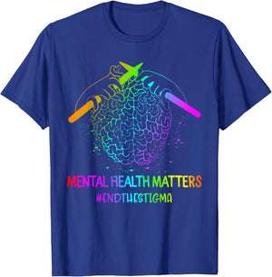 Brain Knitting Mental Health Awareness End The STIGMA Gift T-Shirt - T-Shirt | Royal