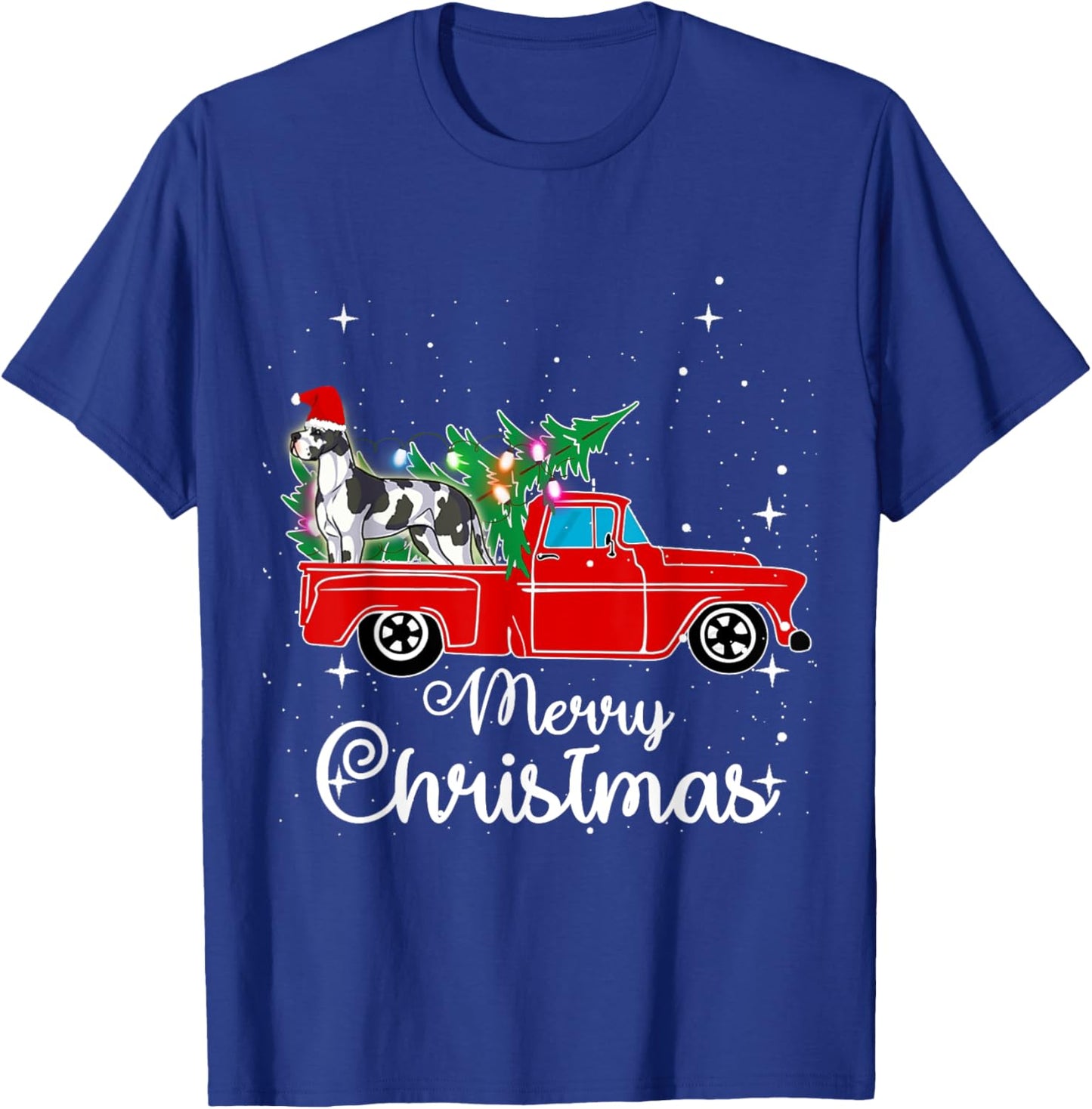 Great Dane Dog Red Truck Christmas Tree Lights Merry Xmas Women Kids T-Shirt - T-Shirt | Royal