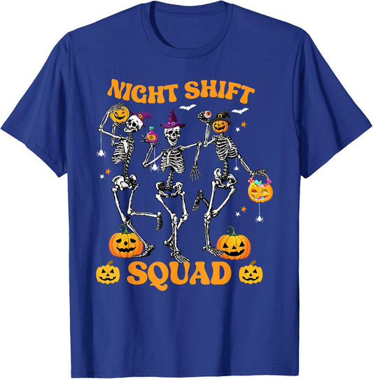 Dancing Skeleton Nurse Night Shift Squad Pumpkin Halloween T-Shirt - T-Shirt | Royal