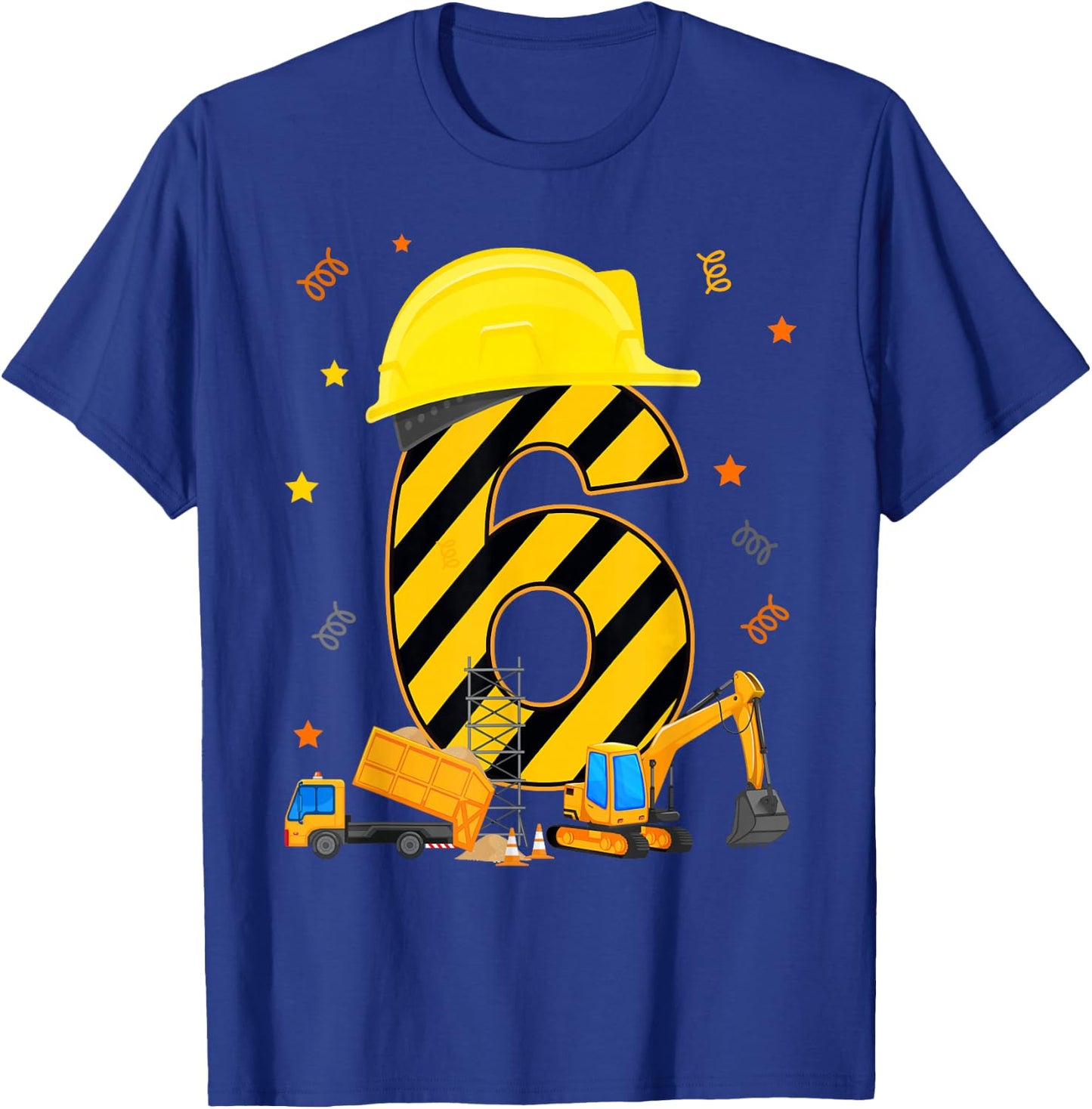 Six 6 Year Old 6th Birthday Construction Vehicles 6yr T-Shirt - T-Shirt | Royal