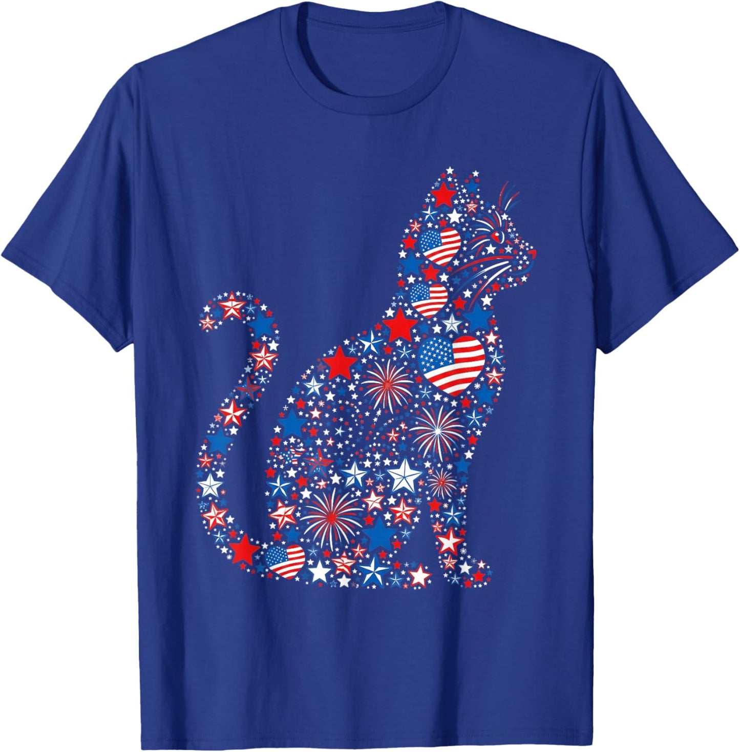 Cat American USA Flag Fireworks Patriotic Fourth of July T-Shirt - T-Shirt | Royal