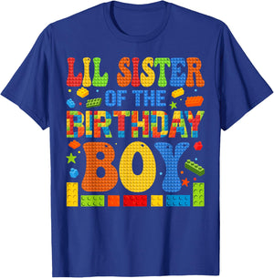 Lil Sister Of The Birthday Boy Building Block Birthday Party T-Shirt - T-Shirt | Royal