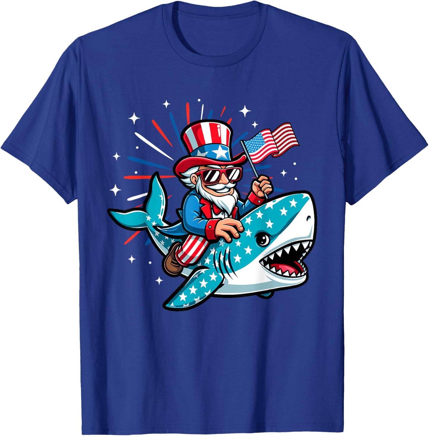 Funny Uncle Sam Riding Shark 4th of July Boys American Flag T-Shirt - T-Shirt | Royal