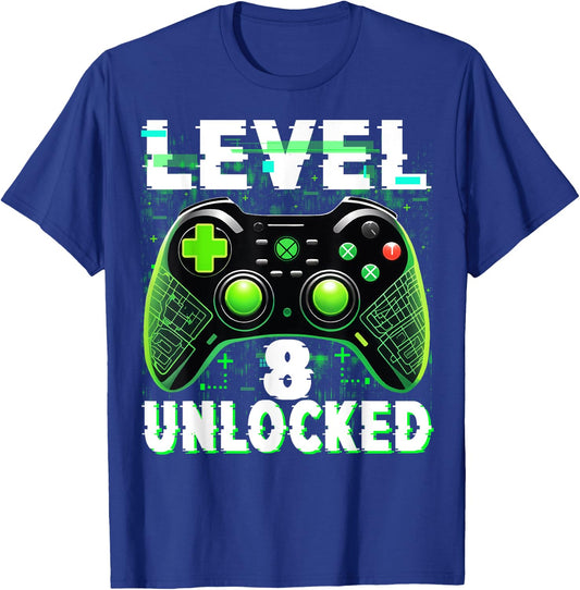 Level 8 Unlocked Shirt Funny Video Gamer Geek 8th Birthday T-Shirt - T-Shirt | Royal