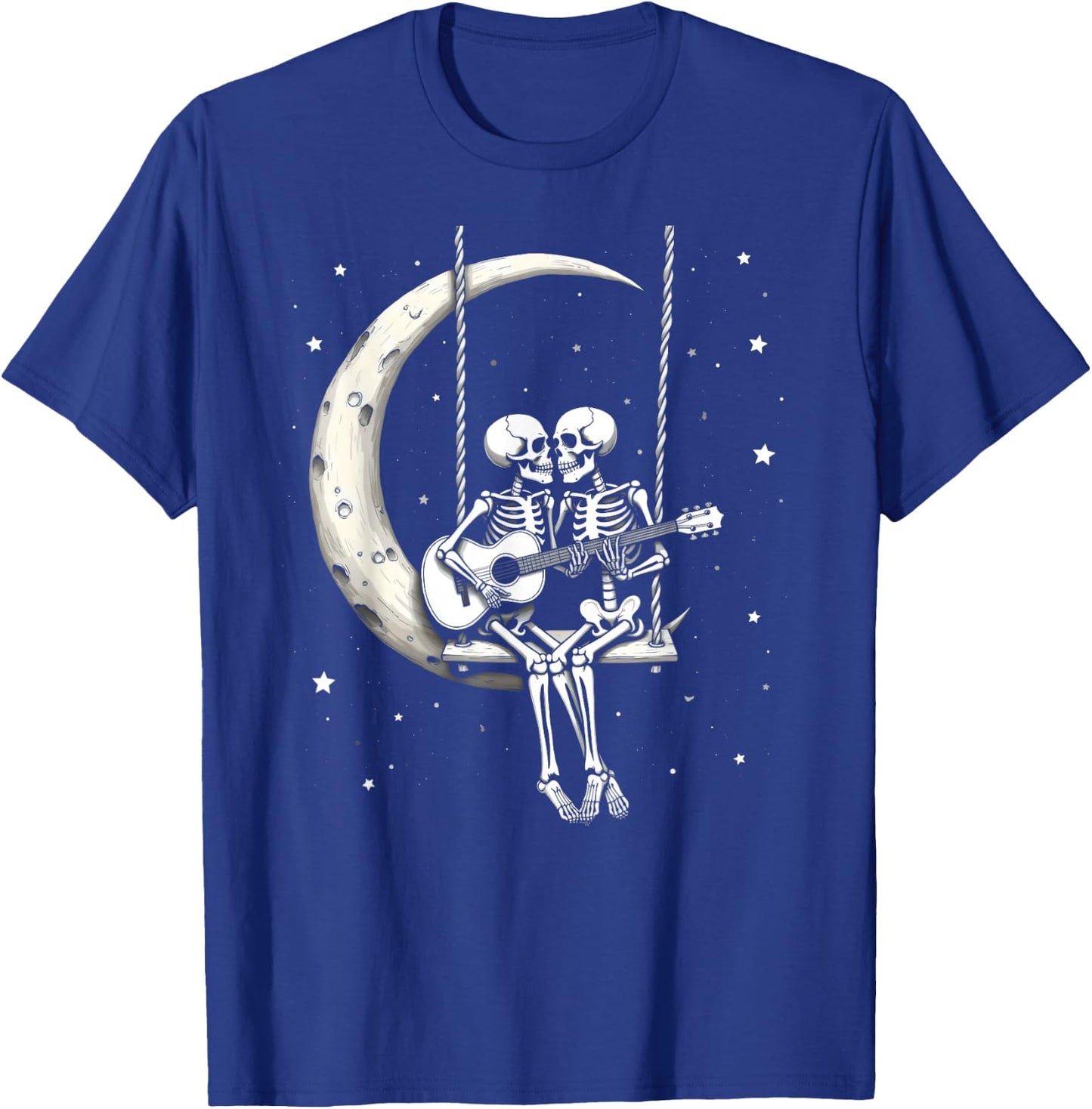 Skeleton Couple Playing Guitar on Moon Swing Halloween Band T-Shirt - T-Shirt | Royal