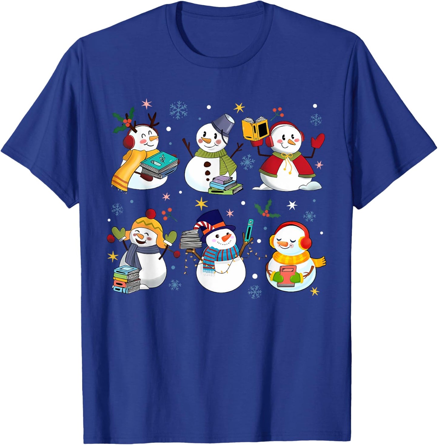 Snowman Reading Books Teacher Christmas Librarian Bookworm T-Shirt - T-Shirt | Royal