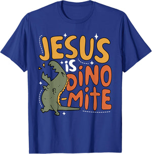 Jesus is Dino-mite T-rex Dinosaur Roaring Faith Christian T-Shirt - T-Shirt | Royal