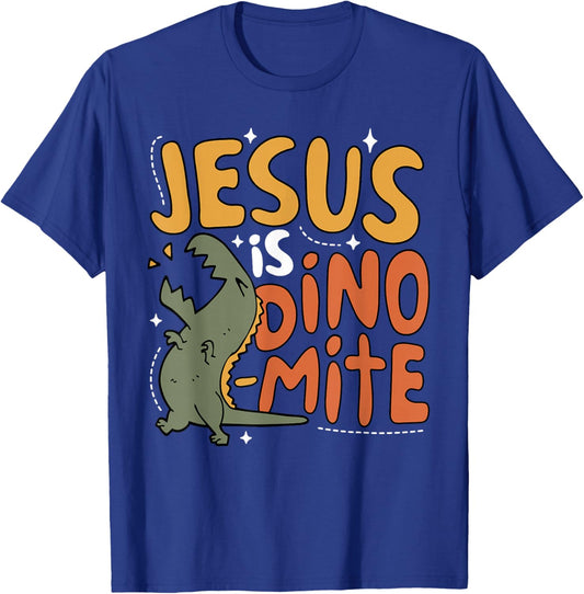 Jesus is Dino-mite T-rex Dinosaur Roaring Faith Christian T-Shirt - T-Shirt | Royal