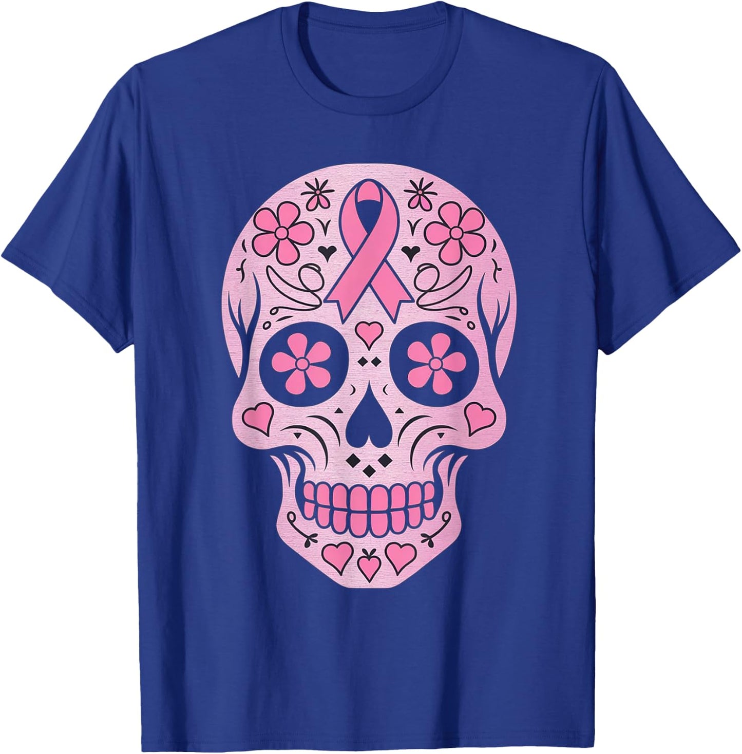 Sugar Skull Pink Ribbon Calavera Breast Cancer Awareness T-Shirt - T-Shirt | Royal